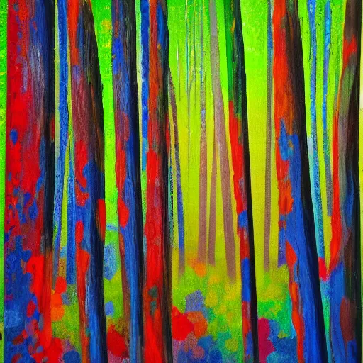 Prompt: paint of acrylic dripped forest with green, blue, red tree trunks. acrylic on canvas, postmodern, impressionist