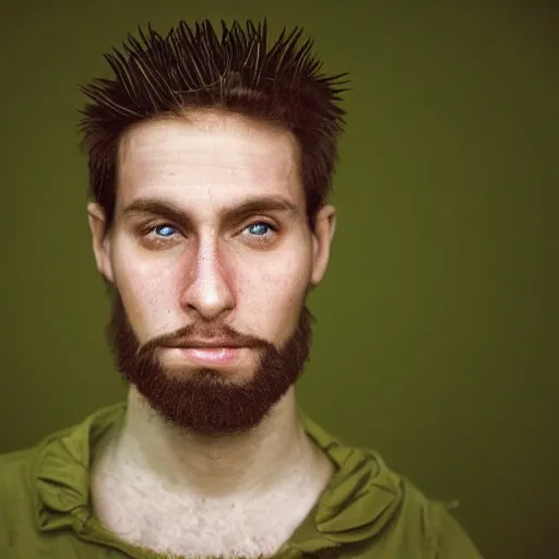 Prompt: hyper - realistic kodachrome medium shot portrait of an attractive ethereal 2 7 year - old male, of polish and italian descent with pale skin, brown spiky hair and green eyes. medium size nose. a short beard with philtrum. in the style of steve mccurry.