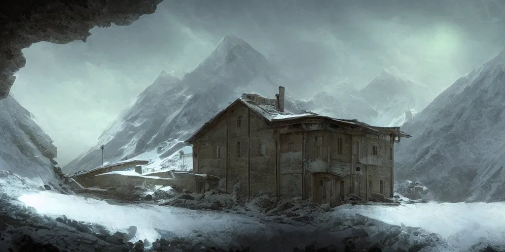 Image similar to 2 0 6 5 abandoned old base in a snowy mountains, landscale, concept art, illustration, highly detailed, artwork, hyper realistic, in style of ivan aivazovsky