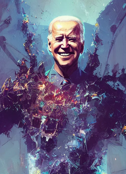 Prompt: Joe Biden grinning emperor of the world, high contrast, cosmic horror, abstract, masterpiece, trending on ArtStation, by Greg Rutkovski and by Craig Mullins and by David Cronenberg and by Ismail Inceoglu