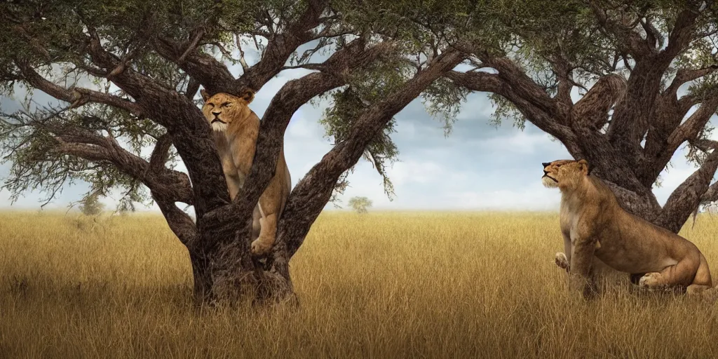 Prompt: scenic nature photography, award winning picture of a cuddly lioness in a tree. the tree is in the middle of the savannah nearby a water hole. extreme detail, hyperrealistic photo, smooth, trending on artstation