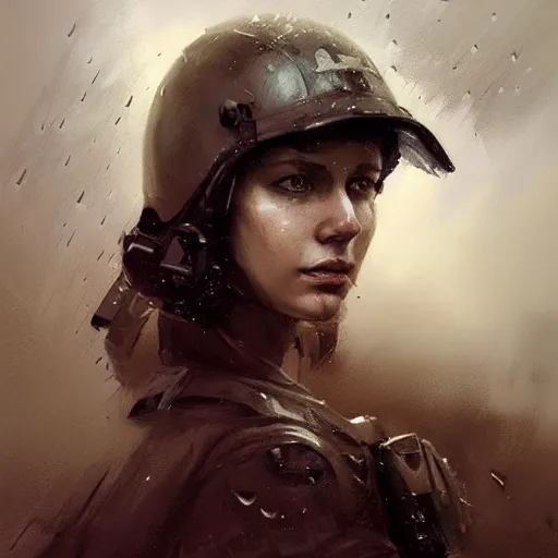 Image similar to it's a terrible day for rain, colourised, face portrait, epic, tragic, military art, fantasy, dieselpunk, hd shot, digital portrait, beautiful, artstation, comic style, by artgerm, guy denning, jakub rozalski, magali villeneuve and charlie bowater