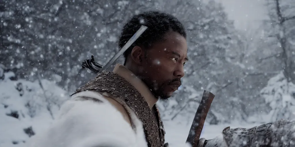 Image similar to a film still of a black man starring in a japanese blockbuster film as ancient samurai, having an intense sword fight in the snow, shallow depth of field, cinematic, award winning cgi, vfx, film still