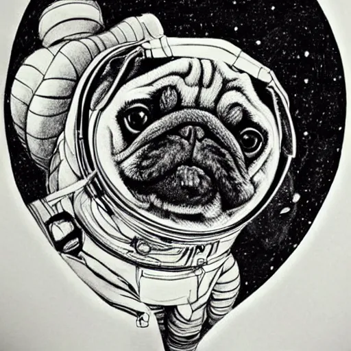 Image similar to pencil art, golden - ratio, spirals, highly detailed, astronaut pug in outer space by davinci.