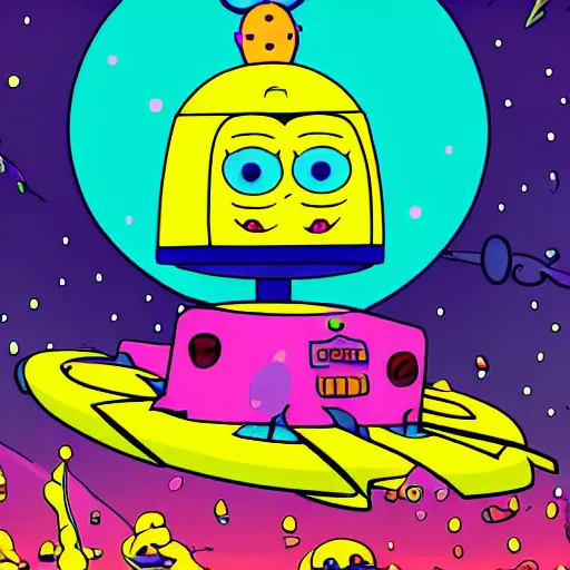 Prompt: sponge bob driving an alien mothership in cartoon network style, vivid colors.