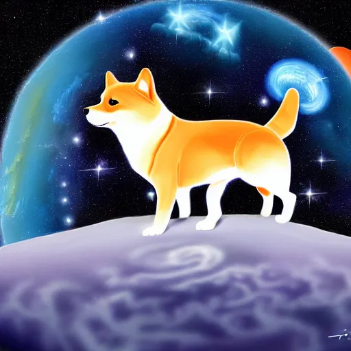 Prompt: cosmic shiba inu eating a planet in its mouth, digital art