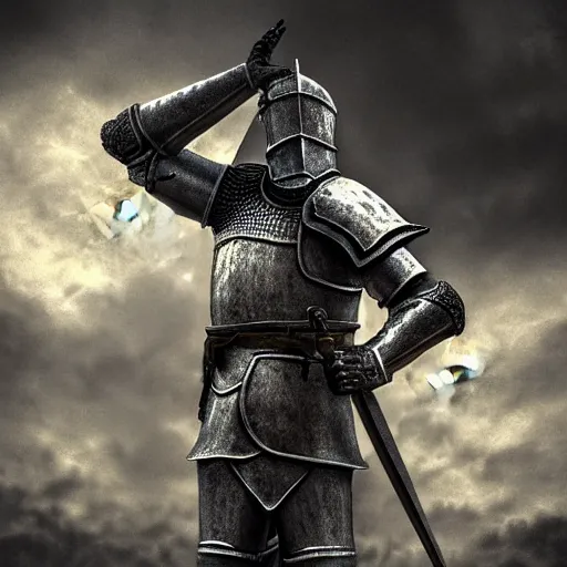 Prompt: detailed realistic digital art of a knight saluting his king