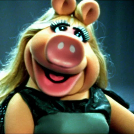 Image similar to movie still of miss piggy starring as trinity in the matrix 1 9 9 9 movie