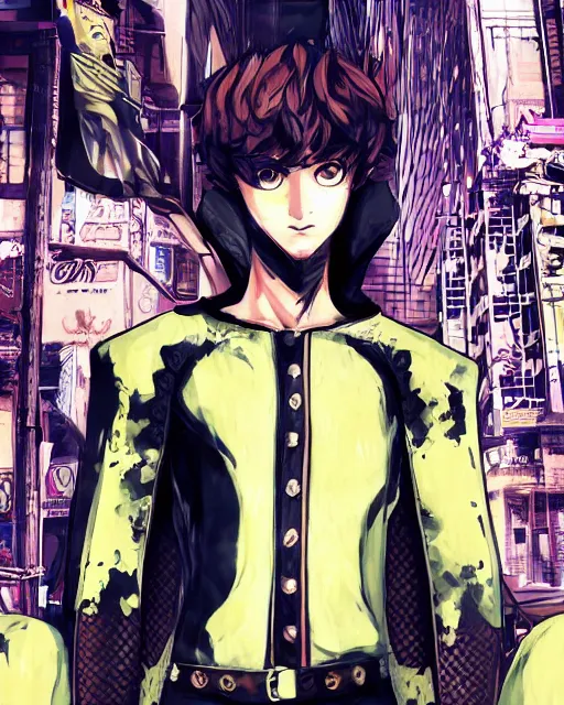 Image similar to Young Arabian half-wolf. Dressed in yellow cloth. Portrait in Persona 5, Persona 5 style, anime