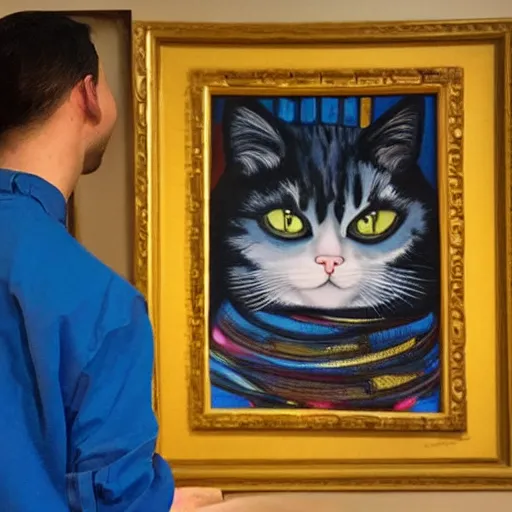 Prompt: a man holding a cat in front of a painting, a detailed painting by hanns katz, featured on dribble, neo - fauvism, art on instagram, detailed painting, acrylic art