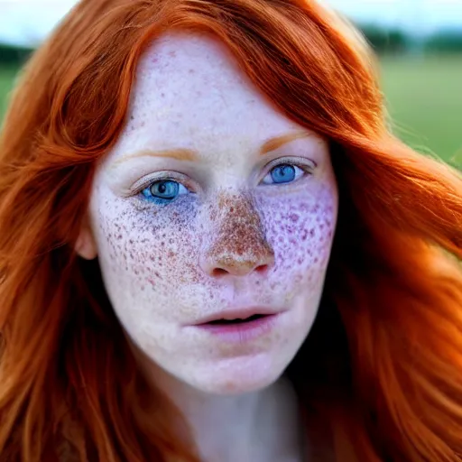 Image similar to close up hald face portrait photograph of a redhead woman with stars in her irises, and freckles. Wavy long hair. she looks directly at the camera. Slightly open mouth, face covers half of the frame, with a park visible in the background. 135mm nikon. Intricate. Very detailed 8k. Sharp. Cinematic post-processing. Award winning portrait photography