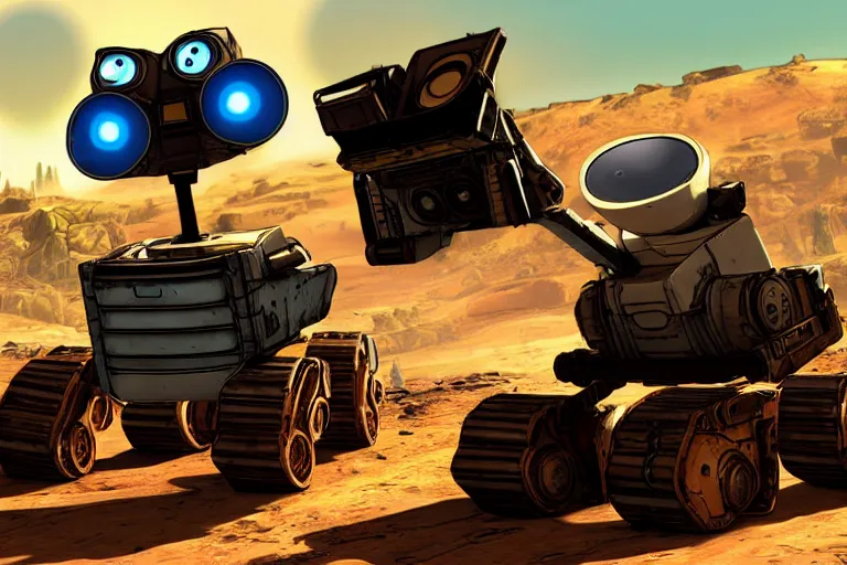 Image similar to wall - e in borderlands style game, heavy detailed, ultra high definition quality, borderlands game engine graphics