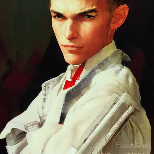 Image similar to A Frontal portrait of a final fantasy 14 character. A painting by Norman Rockwell.