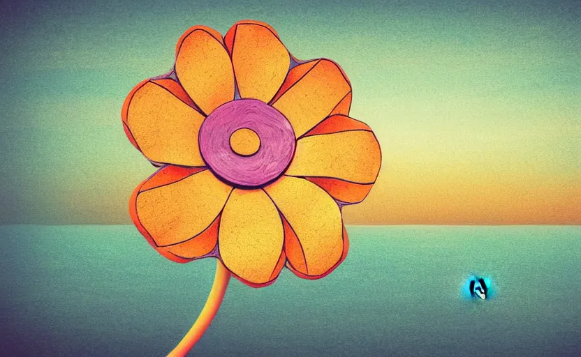 Image similar to one single stand alone huge hyperdetailed minimalist flower, seen from the long distance. by the sea. maximalist unexpected elements. free sky in plain natural warm tones. 8 x 1 6 k hd mixed media 3 d collage in the style of a childrenbook illustration in pastel tones. matte matte background. no frame hd