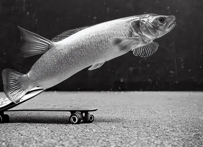 Image similar to a fish is skating on a skateboard in a half pipe