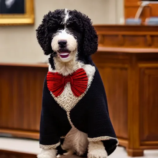 Prompt: a closeup photorealistic photograph of a cute smiling knitted bernedoodle judge dog dressed in a black gown, presiding over the courthouse. indoor image, professional capture, well lit shot. this 4 k hd image is trending on artstation, featured on behance, well - rendered, extra crisp, features intricate detail, epic composition and the style of unreal engine.