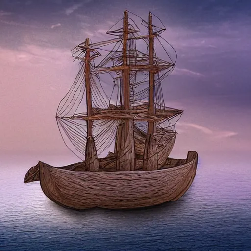 Image similar to A Wooden ship on a tree, digital art