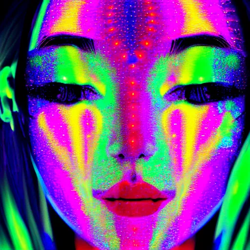 Prompt: a digital painting of a woman's face with colorful lights in the background, a hologram by li shida, featured on pixiv, holography, irridescent, holographic, psychedelic