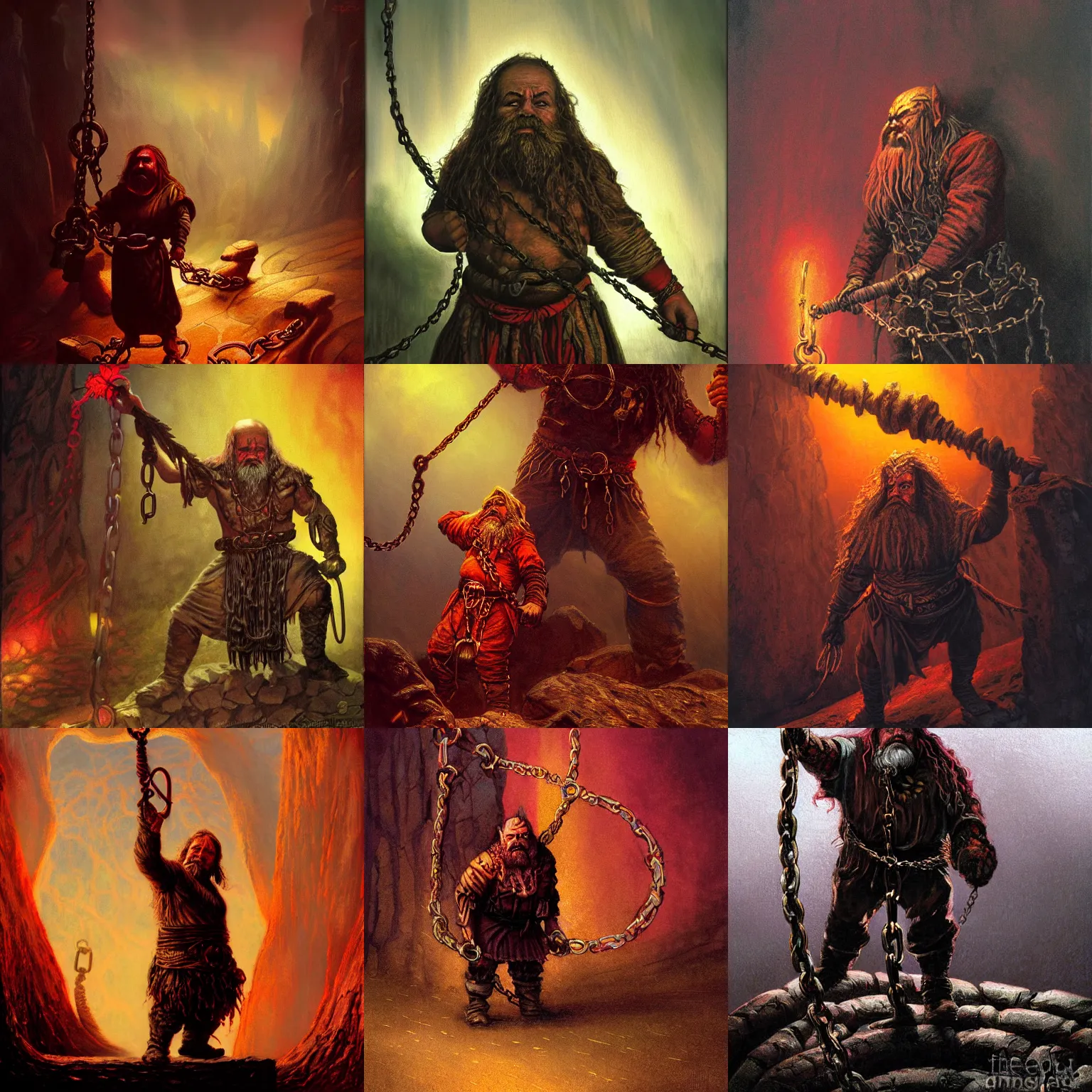 Prompt: A somber painting of a dwarf slaver holding the chains of a defiant elven slave, dark fantasy, nightmare, art by Ted Nasmith and James Gurney, fantasy illustration dramatic lighting with red and yellow gradient, cinematic, establishing shot, extremely high detail, photorealistic