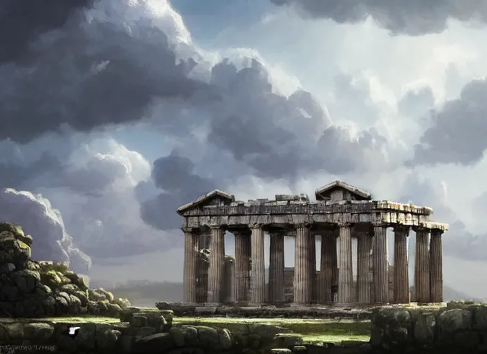 Prompt: 'Ancient Greek Temple in the Clouds', anime, a fantasy digital painting by Greg Rutkowski and James Gurney, trending on Artstation, highly detailed