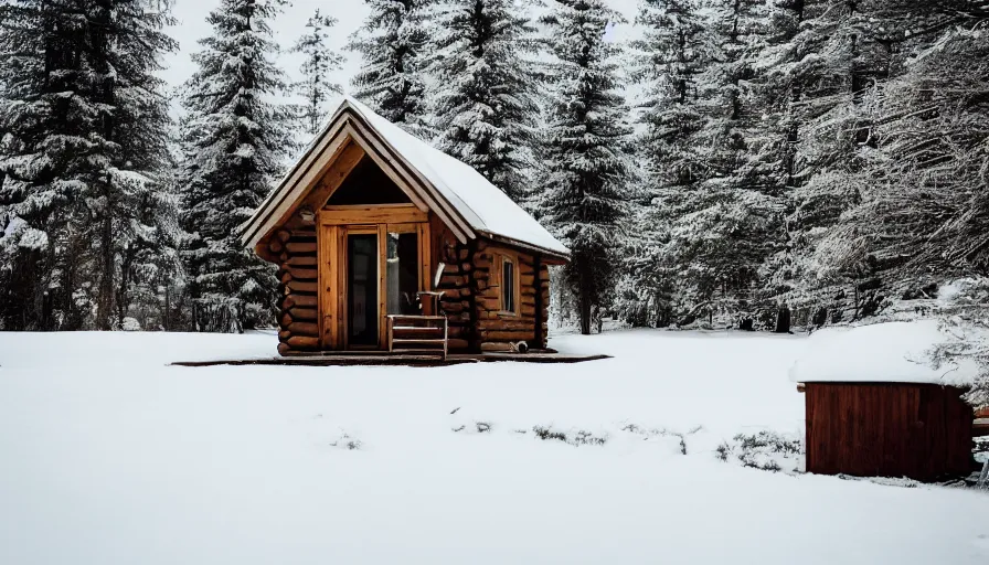 Image similar to empty cozy small cabin, warm, outside winter landscape