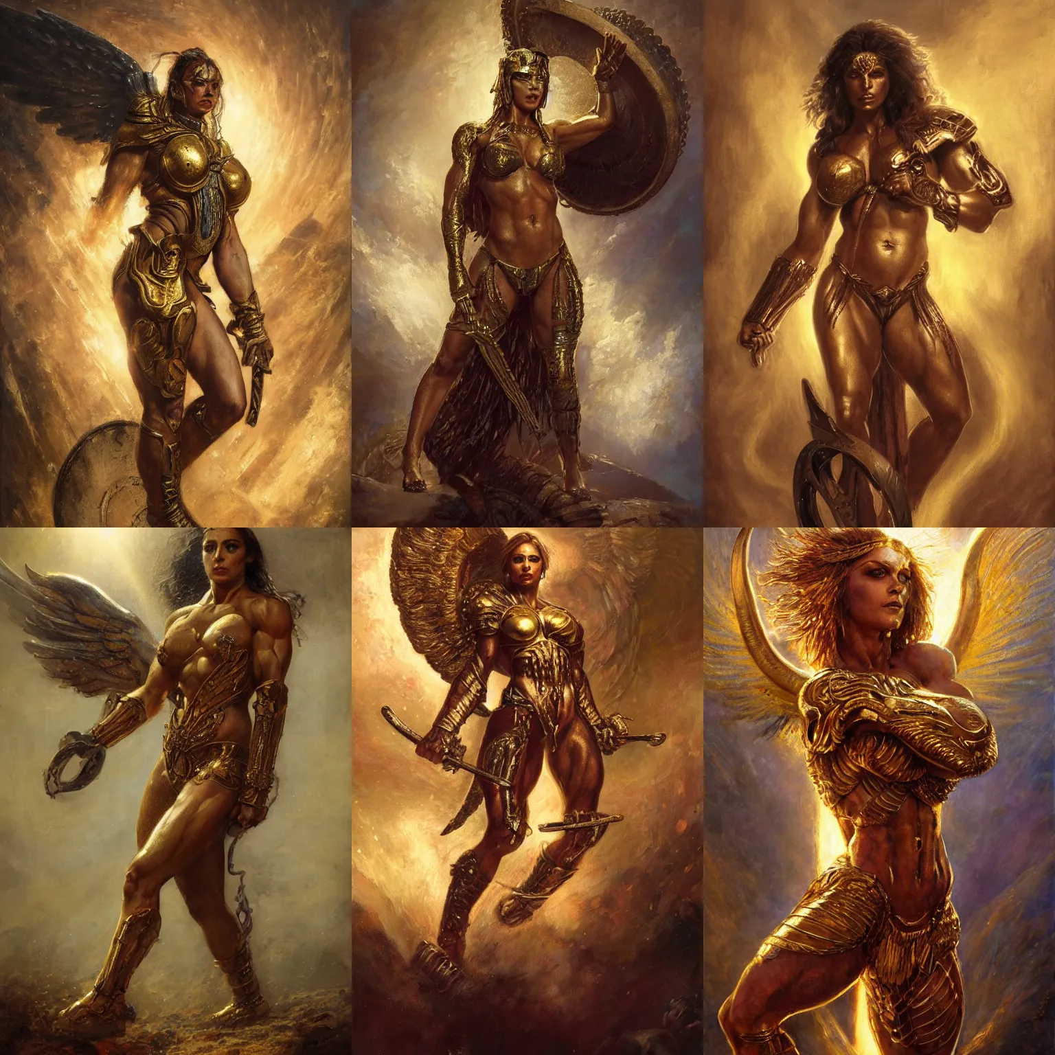 Prompt: handsome full body portrait of a spartan woman bodybuilder posing, radiant light, caustics, war hero, psychedelic dmt, by gaston bussiere, bayard wu, greg rutkowski, giger, maxim verehin, golden halo, golden shining eyes, heavy golden armour, eagle wings