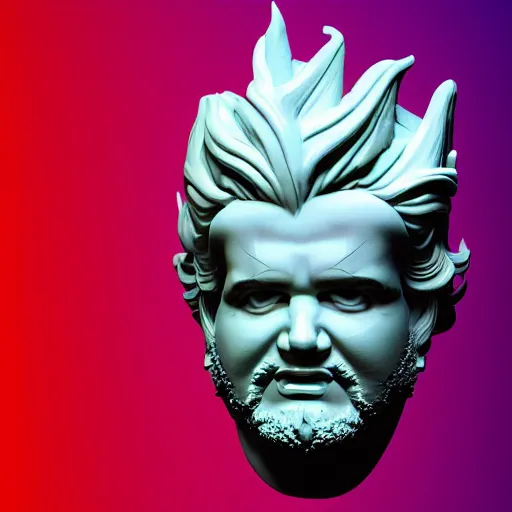 Image similar to sci - fi cgartist wide shot anaglyph ambient occlusion rendering of a hyper realistic marble greek statuary regal god head resembling guy fieri glowing with embedded vaporwave leds product photo high key colored lighting, trending on artstation volumetric lighting