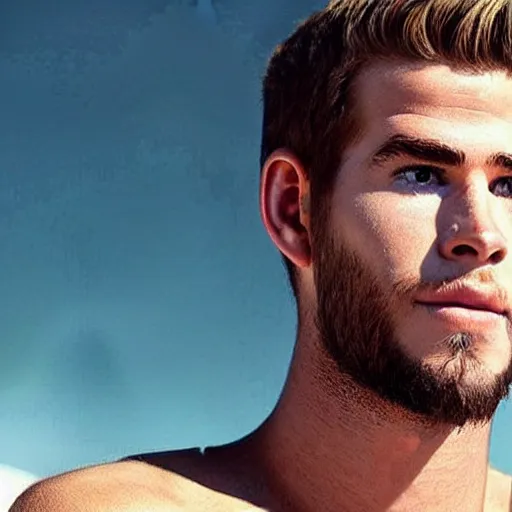 Image similar to “a realistic detailed photo of a guy who is an attractive humanoid who is half robot and half humanoid, who is a male android, Liam Hemsworth, shiny skin, posing like a statue, blank stare”