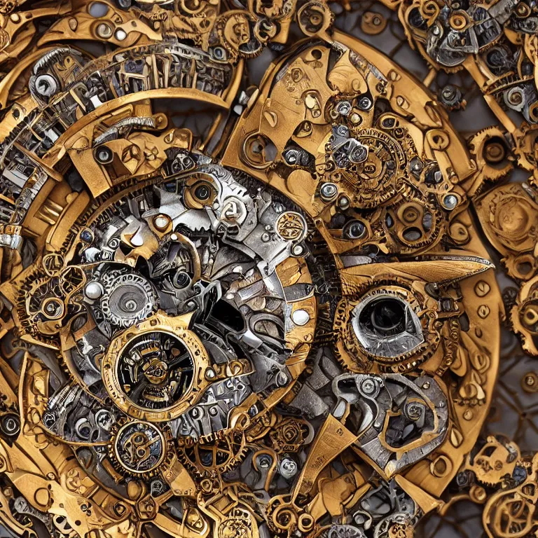 Image similar to A steampunk fox head with sparkling eyes made from ornate engraved full plate armor and Rolex gears and jewels and gems, macro shot by Justin Gerard, unreal engine, detailed, intricate, physically based rendering