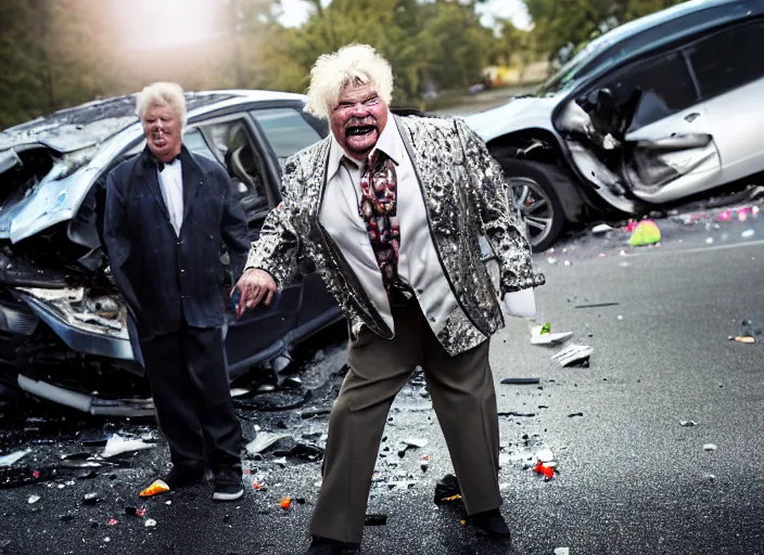 Image similar to photo still of rip taylor at a car accident scene!!!!!!!! at age 5 4 years old 5 4 years of age!!!!!!! throwing confetti from a bucket, 8 k, 8 5 mm f 1. 8, studio lighting, rim light, right side key light
