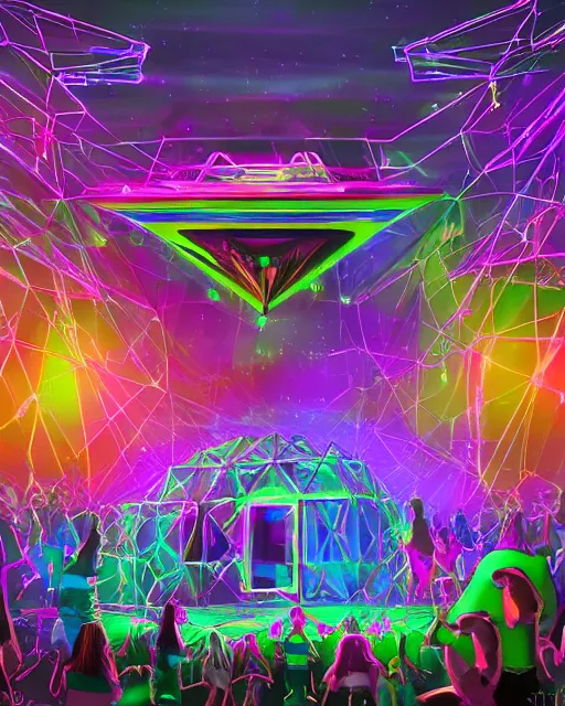 Image similar to a crowded rave for dancing furry monsters of every shape and size surrounding a neon cube tesseract impossible geometry, portal to other worlds, geometric, generative, bending space and time, at hazy dusty dusk night sky in giant epic zoological rave party, digital art trending on art station concept art