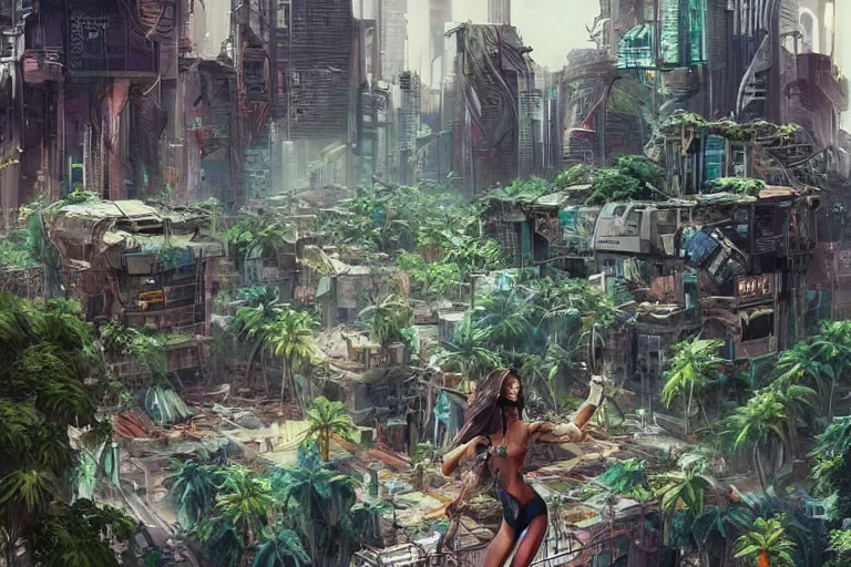 Prompt: a cyberpunk city in ruins, jungle plants overgrowing the streets and buildings, cats!! run through the ruins, drinking from pools of water and climbing on old fallen signs, by artgerm and amano and rutkowski and kincaid, trending on artstation