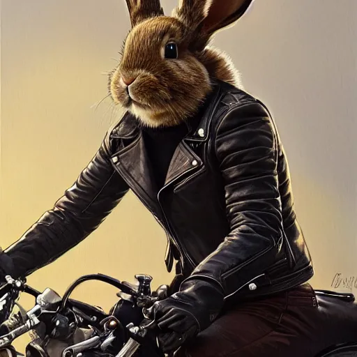 Image similar to a painting of a bunny wearing a leather jacket, riding a motorcycle, elegant, highly detailed, digital painting, artstation, concept art, matte, sharp focus, highly detailed, 4 k, hdr, smooth, sharp focus, high resolution, award - winning photo, photorealistic, art by artgerm and greg rutkowski and alphonse mucha, large shot
