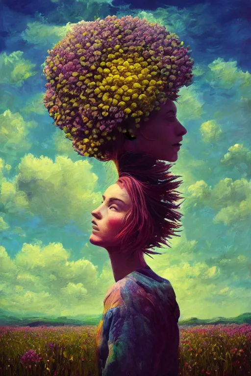 Image similar to closeup, huge flowers as head mohawk, woman in heather field, surreal photography, starlight, storm clouds, impressionist painting, digital painting, artstation, simon stalenhag