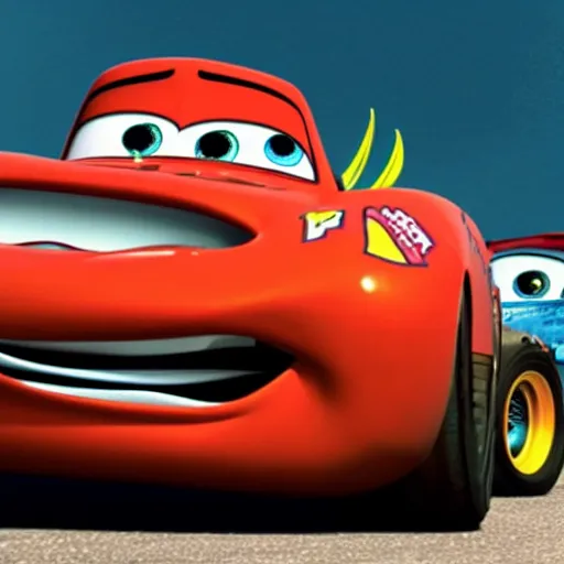 Image similar to a photo from the movie cars, where lightning mcqueen gets into a greusome car accident with tow mater. rendered in 4 k with presto animation software.