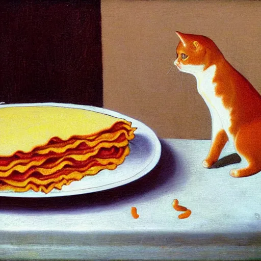 Image similar to fat orange tabby cat eating lasagna on a table, afternoon, by grant wood, neighborhood outside window