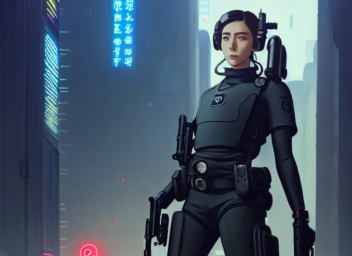 Image similar to a film still portrait of a bionic female cop, finely detailed features, minions, cinematic lighting, perfect art, night cyberpunk city, intricate, anime, minion, gapmoe grimdark, artstation, trending on pixiv fanbox, painted by greg rutkowski makoto shinkai takashi takeuchi studio ghibli, akihiko yoshida, 4 k