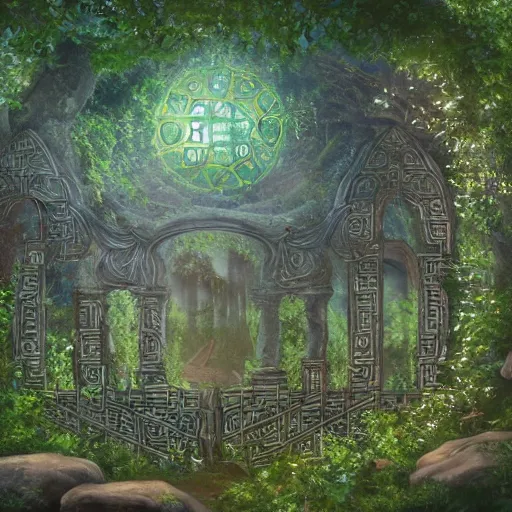 Prompt: ancient overgrown ruins, nostalgia, medieval gates, runestones, mysetrious etherial mesmerizing runic cat eyes, magical elven geometry, floating islands, high detail