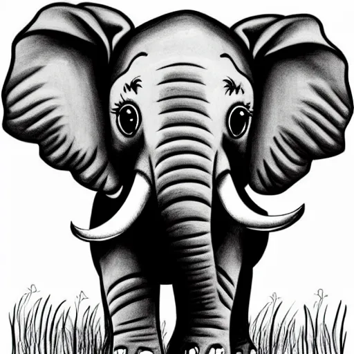 Prompt: cute cheerful elephant with his two ears and his trunk in a meadow, colouring - in sheet, concept design, character art, sharp focus, highly detailed, artstation