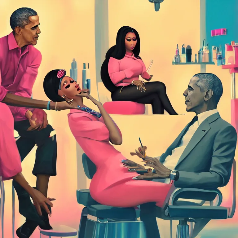 Prompt: 1 9 6 0 s concept illustration portrait of nicki minaj sitting next to barack obama in a barbershop. cinematic scene. volumetric lighting, flat style, pastel colors, hyper detailed. octane render. concept art. trending on artstation.