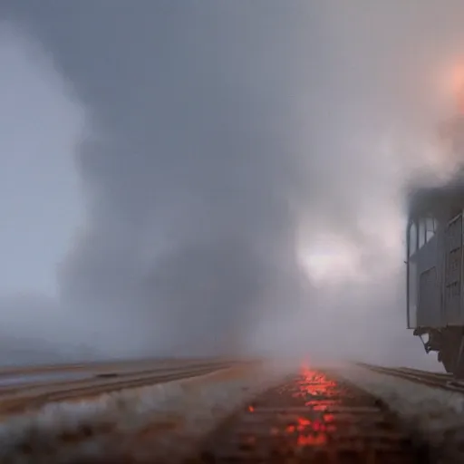 Prompt: trainwreck, boxcar on fire, atmospheric smoke and fog, post-apocalyptic, Cinematic, high detail