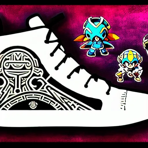 Image similar to fantasy jrpg sneaker design designed by capcom megaman, chrono trigger guilty gear sneaker styles, aztec mayan street fashion native punk sneaker design, focus on megaman hip hop sneaker design with subtle mayan patterns, trending on pixiv fanbox, painted by akira toriyama and studio ghibli princess mononoke megaman capcom