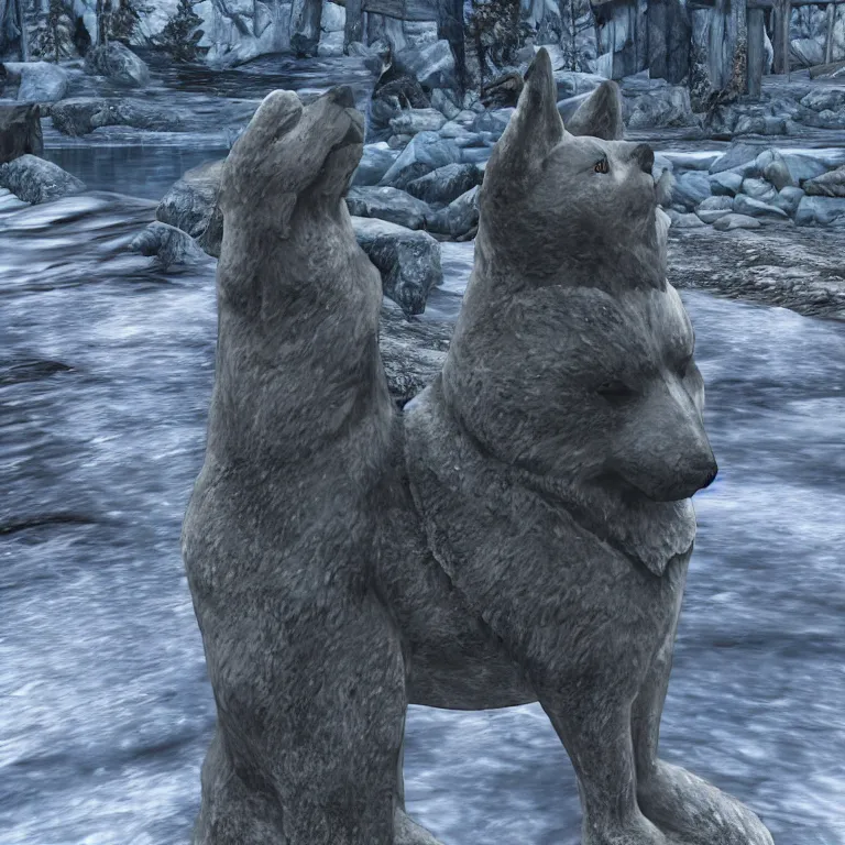 Image similar to a grey and rough hewn shiba inu statue placed beside a frozen stream, skyrim pc screenshot