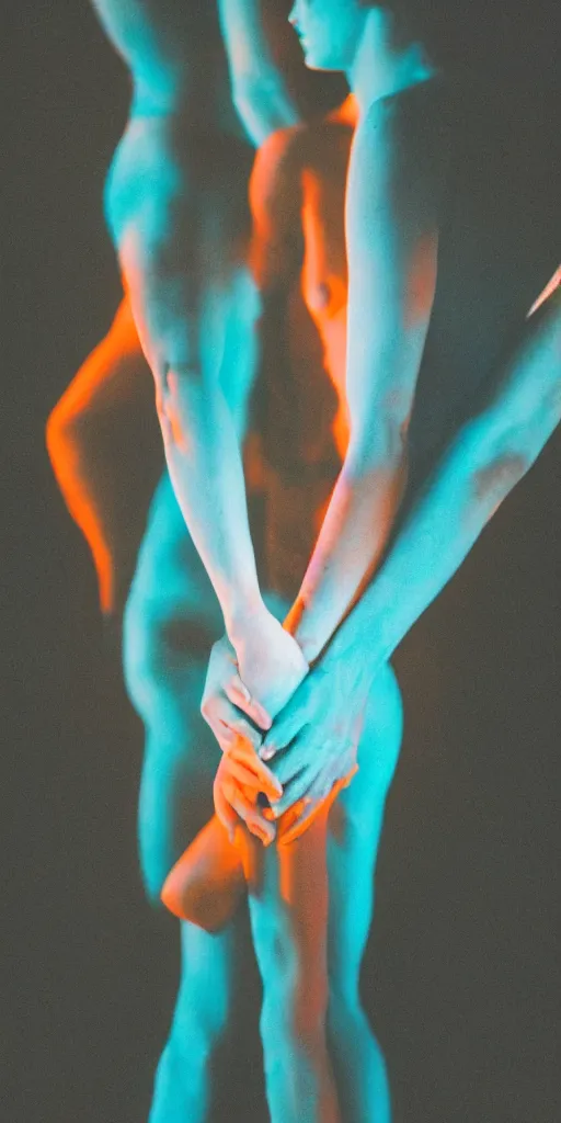 Image similar to a blurry picture of gorgeous human bodies intertwined, long exposure photograph, anamorphic bokeh, orange and cyan lighting