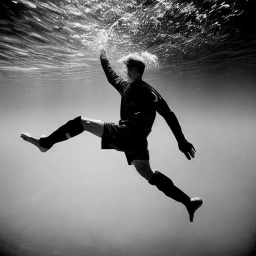 Prompt: Underwater photo of soccer player by Trent Parke, clean, detailed, Magnum photos