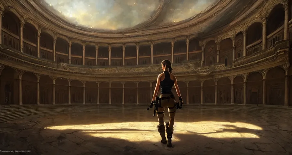 Prompt: lara croft exploring an italian opera house as she tries to hide from numerous musclebound male goons patrolling the area, by wlop, greg rutkowski and peter mohrbacher, extremely detailed shading, concept art, digital painting, trending on artstation, unreal engine 5, octane render, atmosphere, lens flare, glow, cinematic lighting, full of color