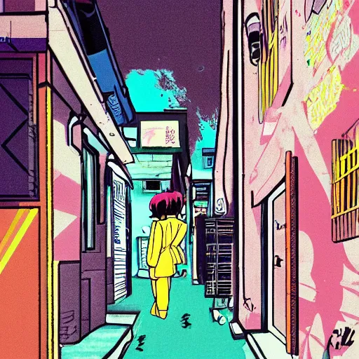 Image similar to salary man in small alley in golden gai in the 8 0 s, vaporwave nostalgia, 8 0 s anime, trending on artstation