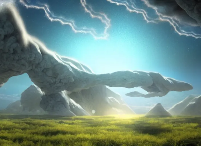 Prompt: a photo of giant interdimensional fractal creatures falling from the sky in the distance, a vast landscape with lush hills, dust particles, natural lighting, awe inspiring, wide angle, cinematographic, subtle lens flare