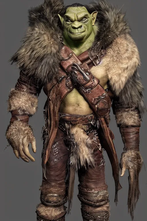 Prompt: A full body shot of a handsome orc looking into the camera wearing a leather fur jacket and boots, full body shot, detailed face, artstation, realistic, highly detailed, symmetrical, hyper realistic, dynamic pose, high detail, octane render, unreal engine, 8k, fantasy art, highly detailed, concept art