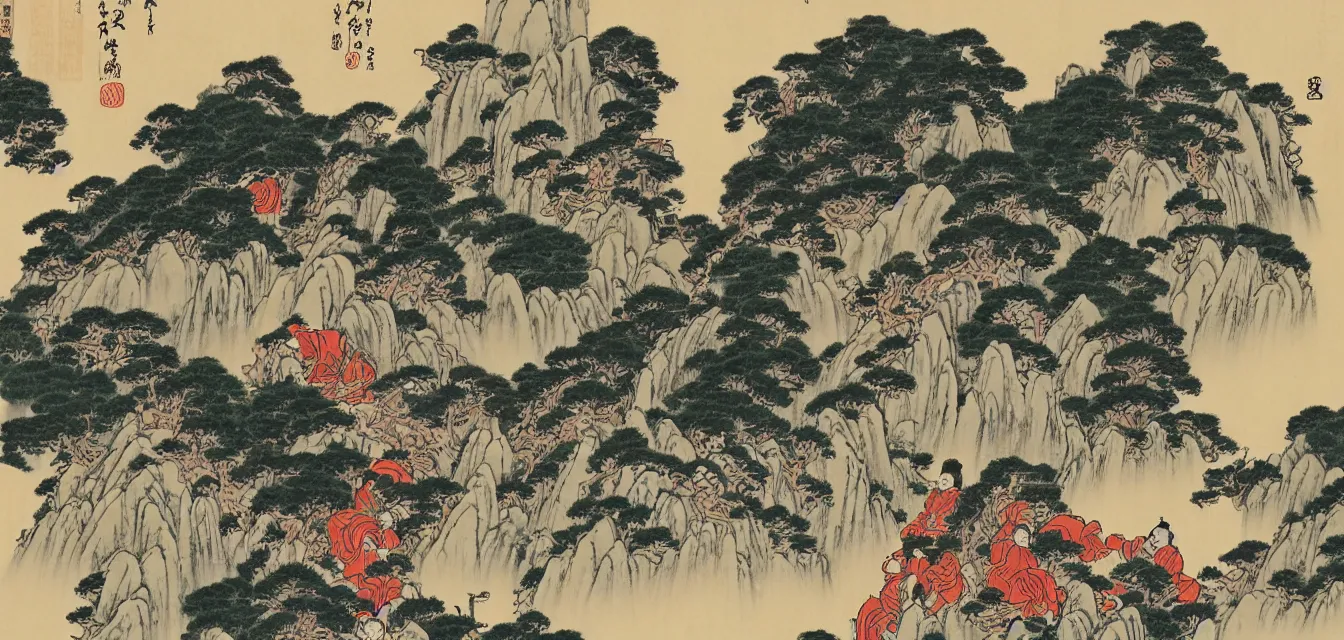 Prompt: taoist monks and temples in huangshan, artwork by katsushika hokusai